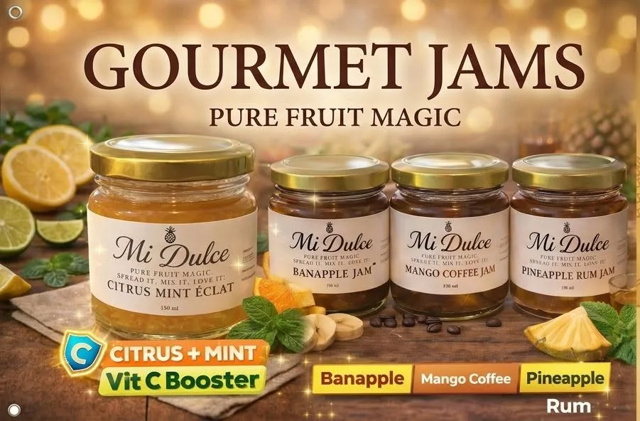 Mi Dulce jam jars on a wooden table