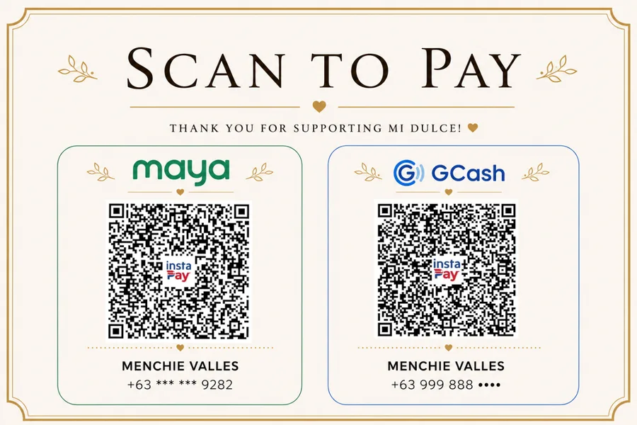 GCash and Maya payment QR code for Mi Dulce